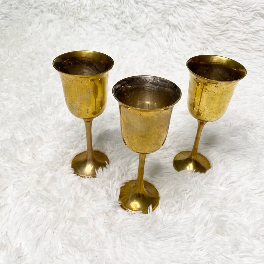 Vintage Set Of 3 Brass Goblets Chalices Wine Glasses